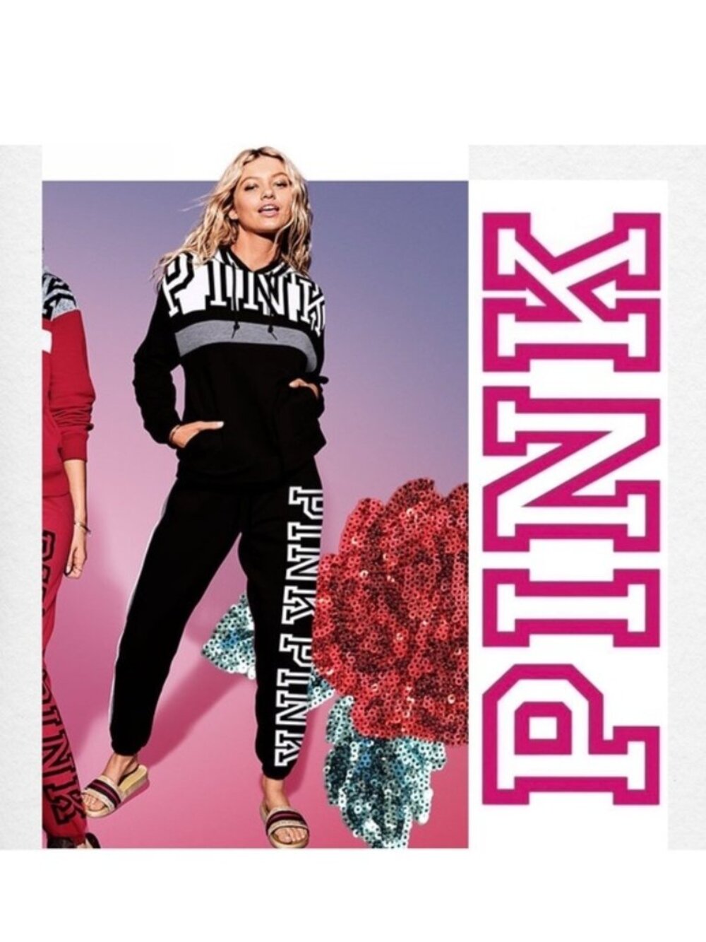 Victoria's Secret PINK | Black and White Stripe Logo Joggers | Size Large